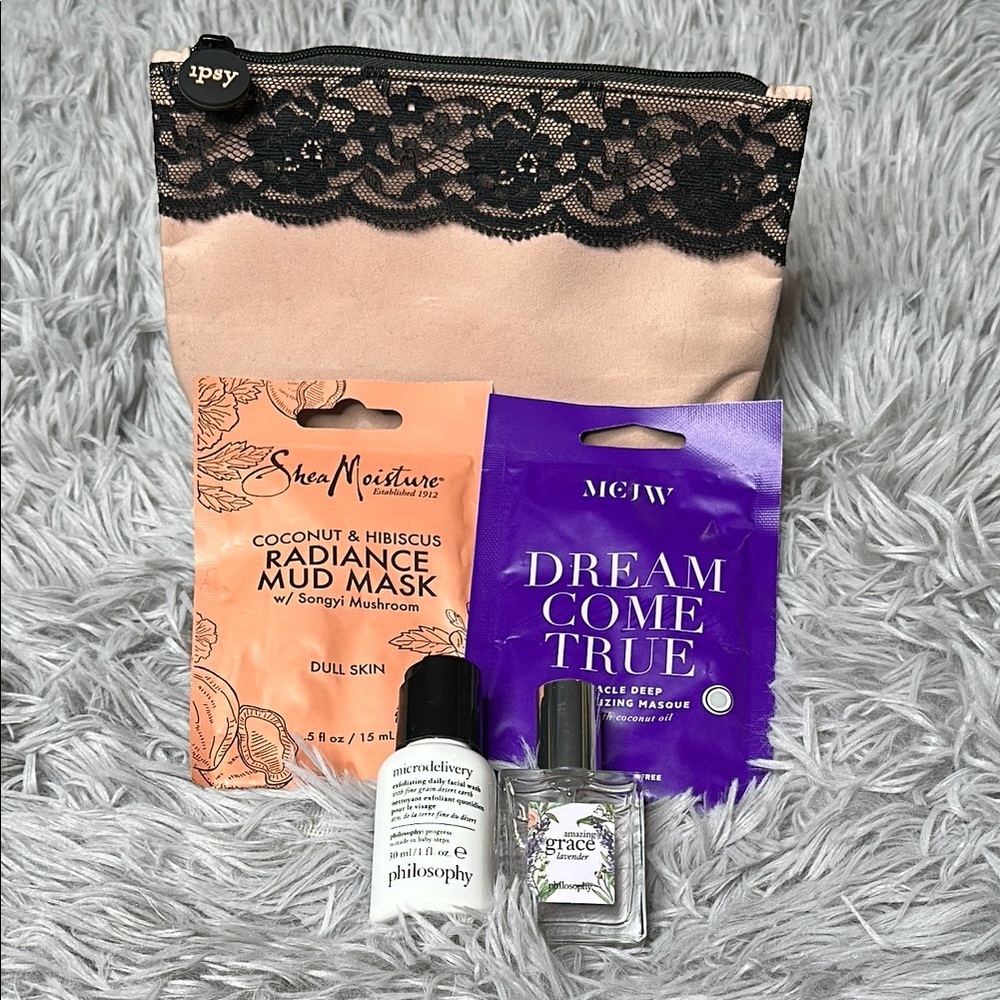 Philosophy & More Bundle: Elegant Lace Ipsy Pouch PHILOSOPHY Face Wash & Spray +